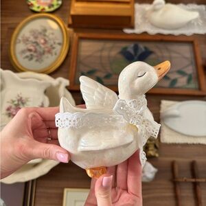 Iridescent White Ceramic Duck Trinket Dish with Lace Bow